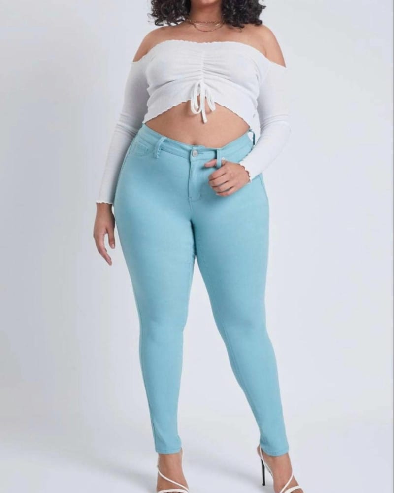 Front of a model wearing a size 3XL Plus Size Hyper Stretch Skinny Jean in Sky Blue in Sky Blue by YMI. | dia_product_style_image_id:338267